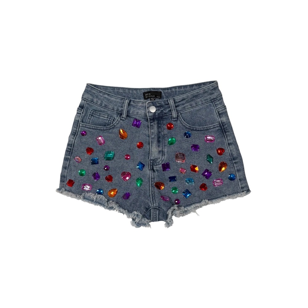Colorful Gemstone Embellished Cut Off Denim Shorts Blue Mid Rise M
